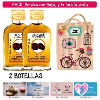 2 Botellitas Petaca de Licor de Café con bolsa “fashion con bici” y tarjeta