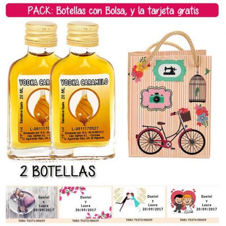2 Botellitas Petaca de Vodka Caramelo con bolsa “fashion con bici” y tarjeta