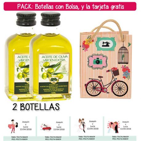 2 Botellitas de Aceite de Oliva Virgen Extra con bolsa “fashion con bici” y tarjeta
