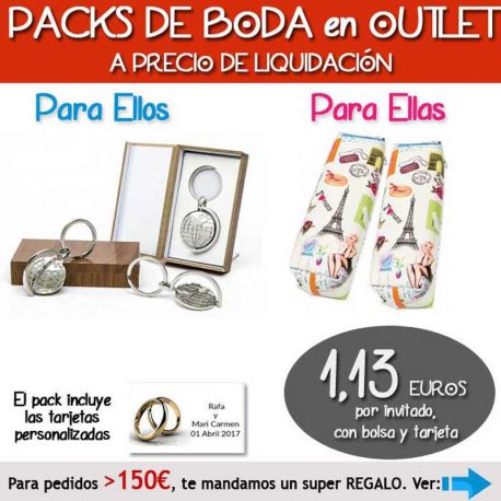 Pack “Super-Ahorro” de regalos Bodas en Outlet, con bolsas y tarjetas