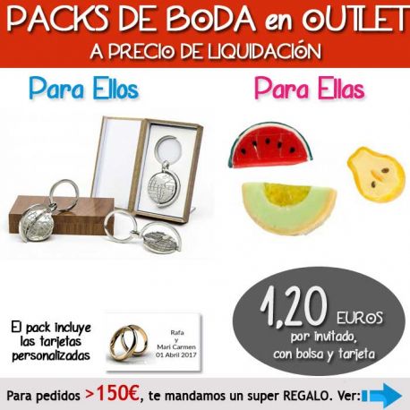 Pack “Super-Ahorro” de regalos Bodas en Outlet, con bolsas y tarjetas