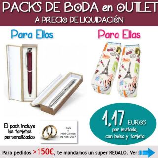 Pack “Super-Ahorro” de regalos Bodas en Outlet, con bolsas y tarjetas