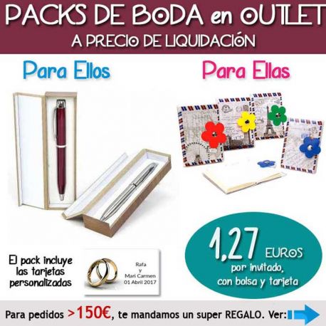 Pack “Super-Ahorro” de regalos Bodas en Outlet, con bolsas y tarjetas