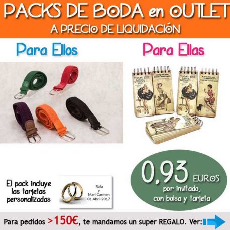 Pack “Super-Ahorro” de regalos Bodas en Outlet, con bolsas y tarjetas