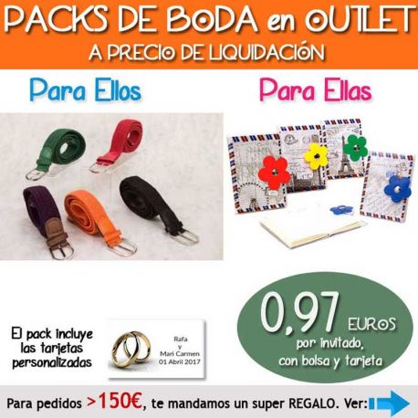 Pack “Super-Ahorro” de regalos Bodas en Outlet, con bolsas y tarjetas