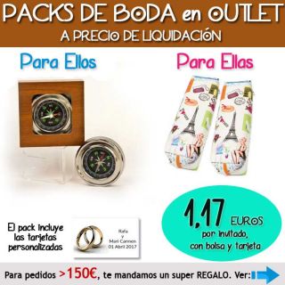 Pack “Super-Ahorro” de regalos Bodas en Outlet, con bolsas y tarjetas