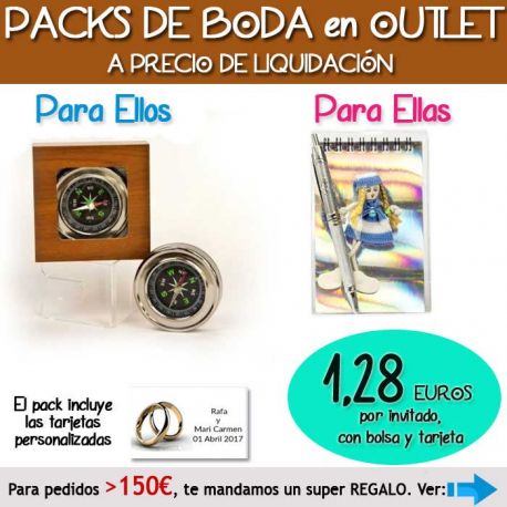 Pack “Super-Ahorro” de regalos Bodas en Outlet, con bolsas y tarjetas