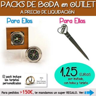 Pack “Super-Ahorro” de regalos Bodas en Outlet, con bolsas y tarjetas