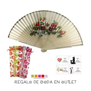 Pack de abanico beige con flores y filo dorado, con bolsa y tarjeta