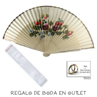 Pack de abanico beige con flores y filo dorado, con bolsa y pegatina