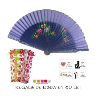 Pack de abanico azul con flores y filo dorado, con bolsa y tarjeta