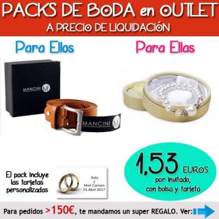 Pack “Super-Ahorro” de regalos Bodas en Outlet, con bolsas y tarjetas