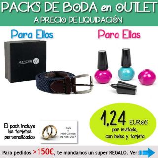 Pack “Super-Ahorro” de regalos Bodas en Outlet, con bolsas y tarjetas