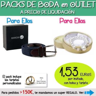 Pack “Super-Ahorro” de regalos Bodas en Outlet, con bolsas y tarjetas