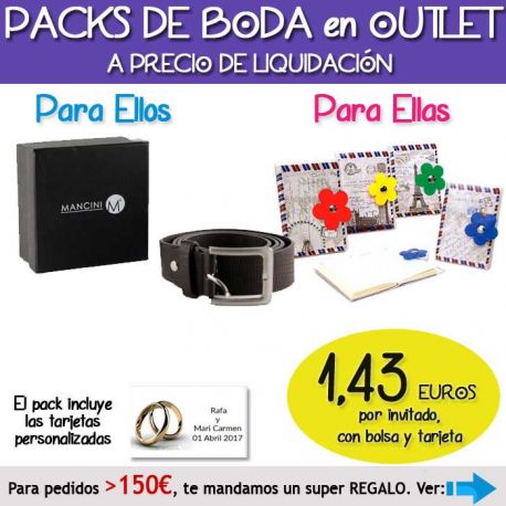 Pack “Super-Ahorro” de regalos Bodas en Outlet, con bolsas y tarjetas