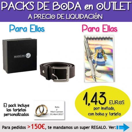 Pack “Super-Ahorro” de regalos Bodas en Outlet, con bolsas y tarjetas