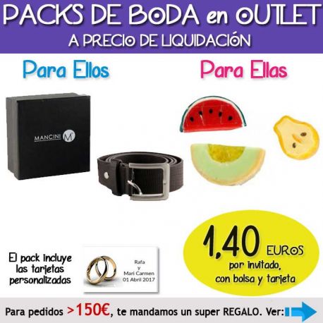 Pack “Super-Ahorro” de regalos Bodas en Outlet, con bolsas y tarjetas