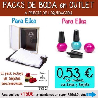 Pack “Super-Ahorro” de regalos Bodas en Outlet, con bolsas y tarjetas