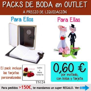 Pack “Super-Ahorro” de regalos Bodas en Outlet, con bolsas y tarjetas