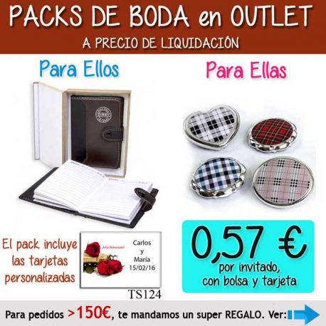Pack “Super-Ahorro” de regalos Bodas en Outlet, con bolsas y tarjetas