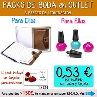 Pack “Super-Ahorro” de regalos Bodas en Outlet, con bolsas y tarjetas