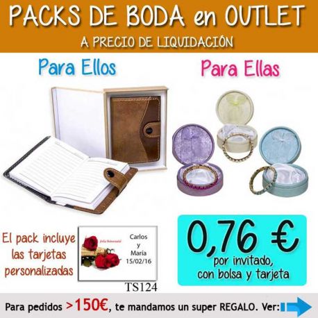 Pack “Super-Ahorro” de regalos Bodas en Outlet, con bolsas y tarjetas