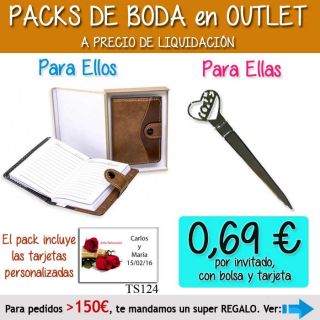 Pack “Super-Ahorro” de regalos Bodas en Outlet, con bolsas y tarjetas