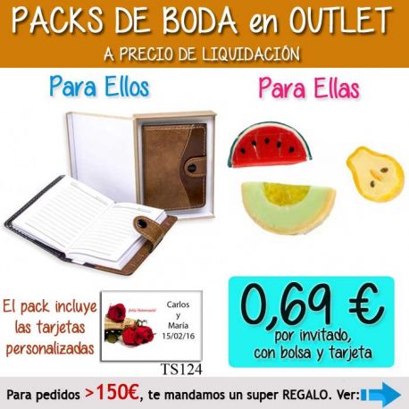 Pack “Super-Ahorro” de regalos Bodas en Outlet, con bolsas y tarjetas