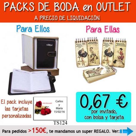 Pack “Super-Ahorro” de regalos Bodas en Outlet, con bolsas y tarjetas
