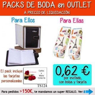 Pack “Super-Ahorro” de regalos Bodas en Outlet, con bolsas y tarjetas