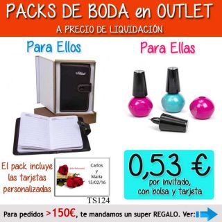 Pack “Super-Ahorro” de regalos Bodas en Outlet, con bolsas y tarjetas