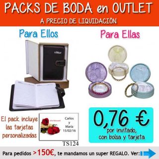 Pack “Super-Ahorro” de regalos Bodas en Outlet, con bolsas y tarjetas
