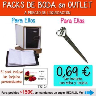 Pack “Super-Ahorro” de regalos Bodas en Outlet, con bolsas y tarjetas