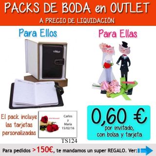 Pack “Super-Ahorro” de regalos Bodas en Outlet, con bolsas y tarjetas