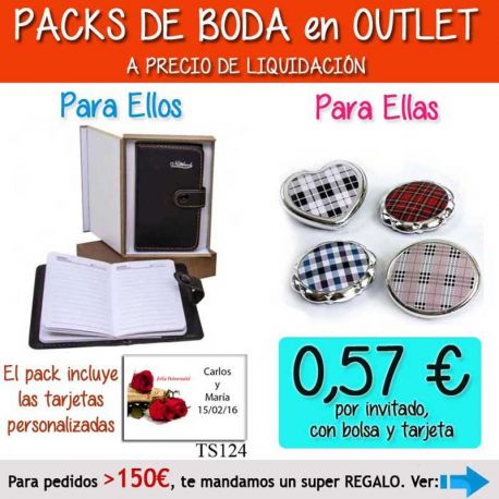 Pack “Super-Ahorro” de regalos Bodas en Outlet, con bolsas y tarjetas