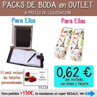 Pack “Super-Ahorro” de regalos Bodas en Outlet, con bolsas y tarjetas