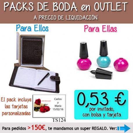 Pack “Super-Ahorro” de regalos Bodas en Outlet, con bolsas y tarjetas
