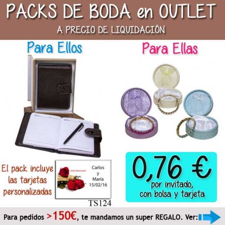 Pack “Super-Ahorro” de regalos Bodas en Outlet, con bolsas y tarjetas