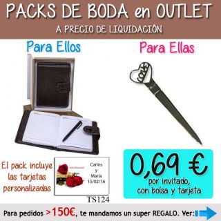 Pack “Super-Ahorro” de regalos Bodas en Outlet, con bolsas y tarjetas