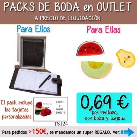 Pack “Super-Ahorro” de regalos Bodas en Outlet, con bolsas y tarjetas