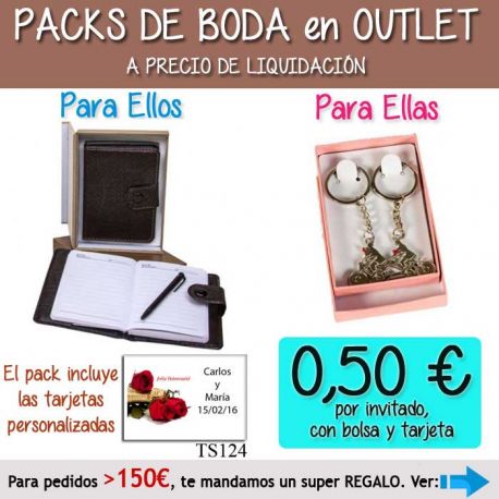 Pack “Super-Ahorro” de regalos Bodas en Outlet, con bolsas y tarjetas