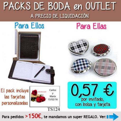 Pack “Super-Ahorro” de regalos Bodas en Outlet, con bolsas y tarjetas