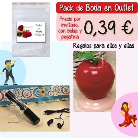 Pack “Super-Ahorro” de regalos Bodas en Outlet, con bolsas y tarjetas