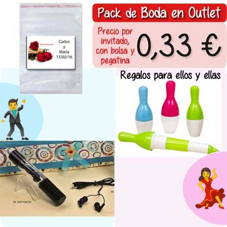 Pack “Super-Ahorro” de regalos Bodas en Outlet, con bolsas y tarjetas