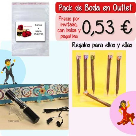 Pack “Super-Ahorro” de regalos Bodas en Outlet, con bolsas y tarjetas
