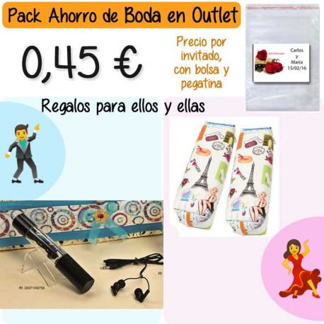 Pack “Super-Ahorro” de regalos Bodas en Outlet, con bolsas y tarjetas