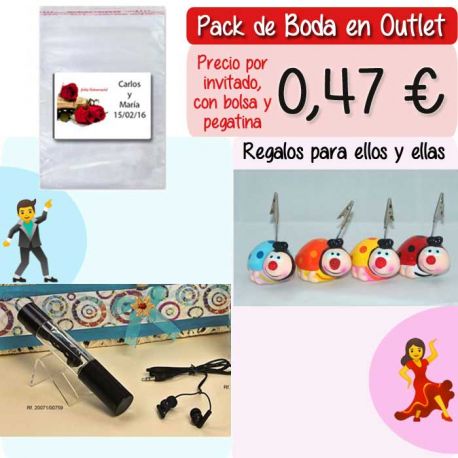 Pack “Super-Ahorro” de regalos Bodas en Outlet, con bolsas y tarjetas