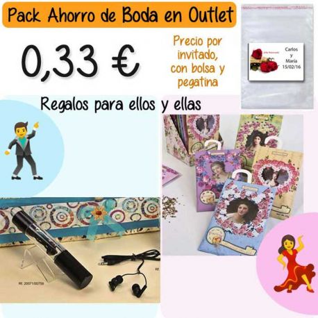Pack “Super-Ahorro” de regalos Bodas en Outlet, con bolsas y tarjetas