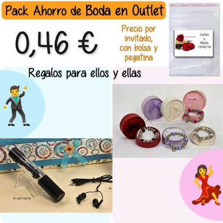 Pack “Super-Ahorro” de regalos Bodas en Outlet, con bolsas y tarjetas