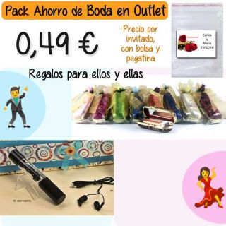 Pack “Super-Ahorro” de regalos Bodas en Outlet, con bolsas y tarjetas